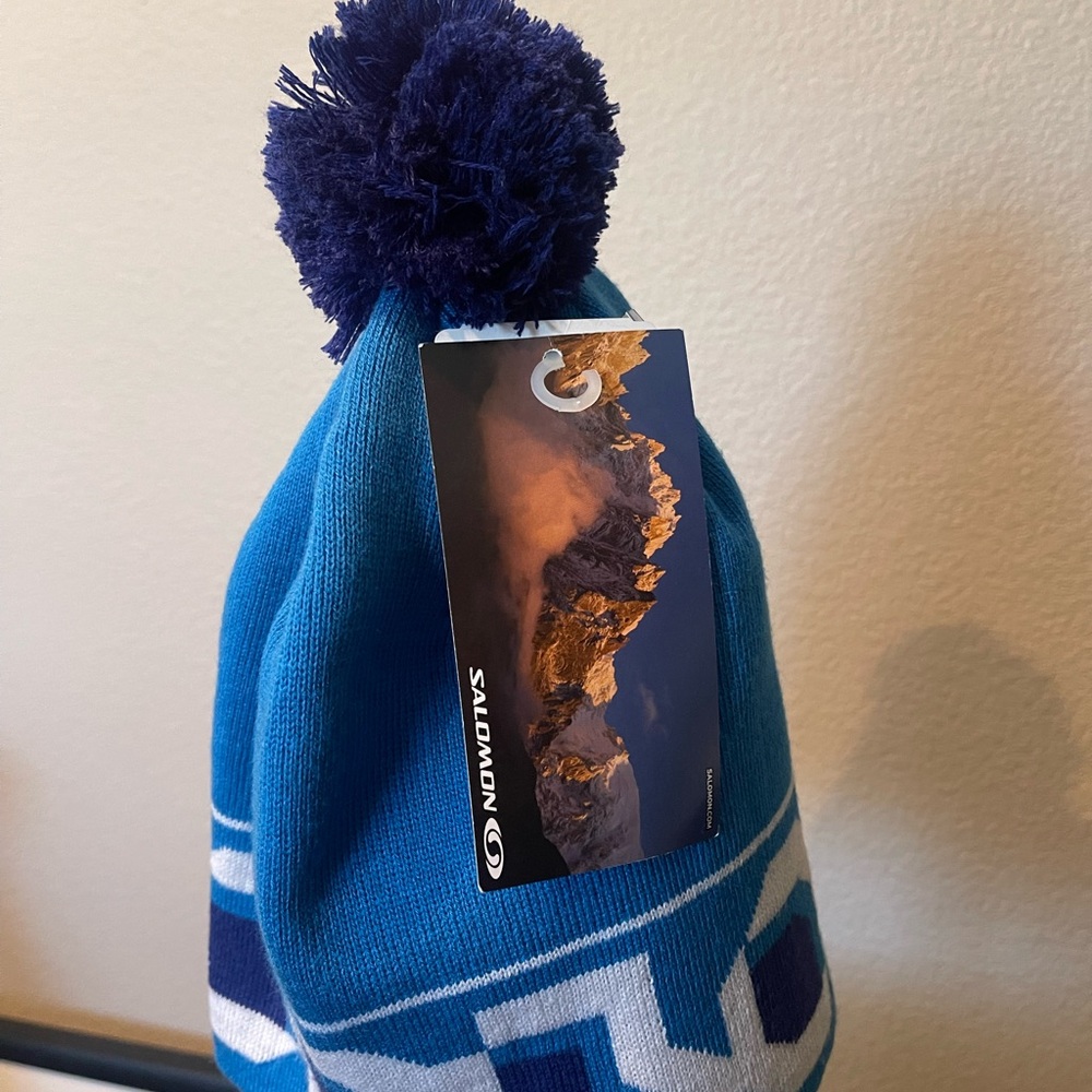 Salomon Blue and White Knit Hat with Pom